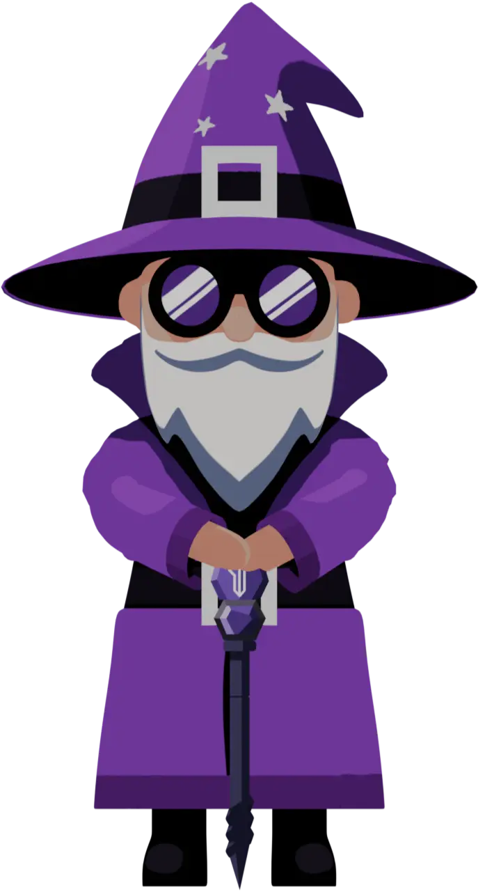 Mago da monitoria com cajado brilhante em estilo cartoon