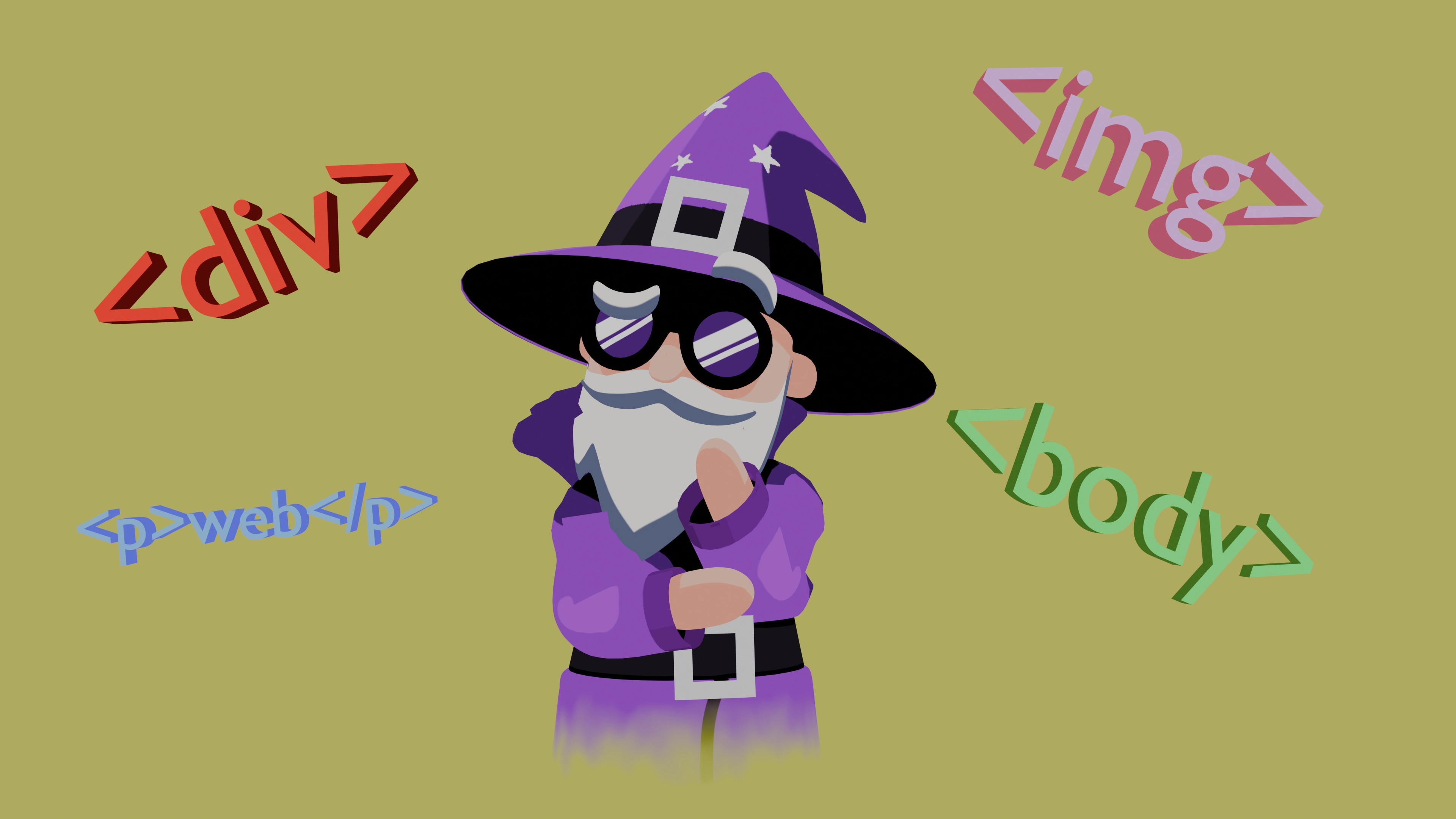 Mago pensando em desenvolvimento web cercado por tags HTML